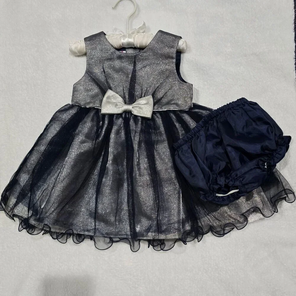 Rosenau Baby Dress Set 18M Silver Metallic Bodice Navy Mesh Skirt Bloomers EUC